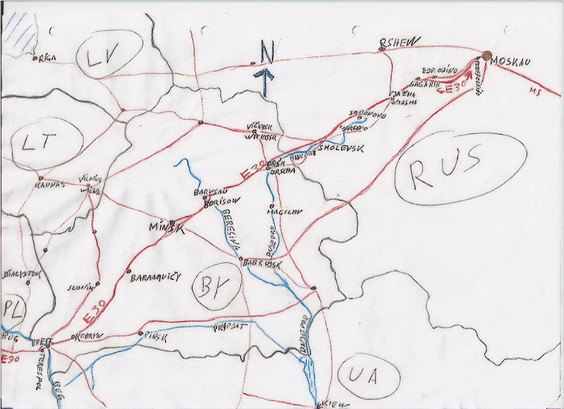 Skizze E30 östlicher Teil. Straßen sind rot eingezeichnet, Gewässer blau. Die grauen Linien bilden die Staatsgrenzen.